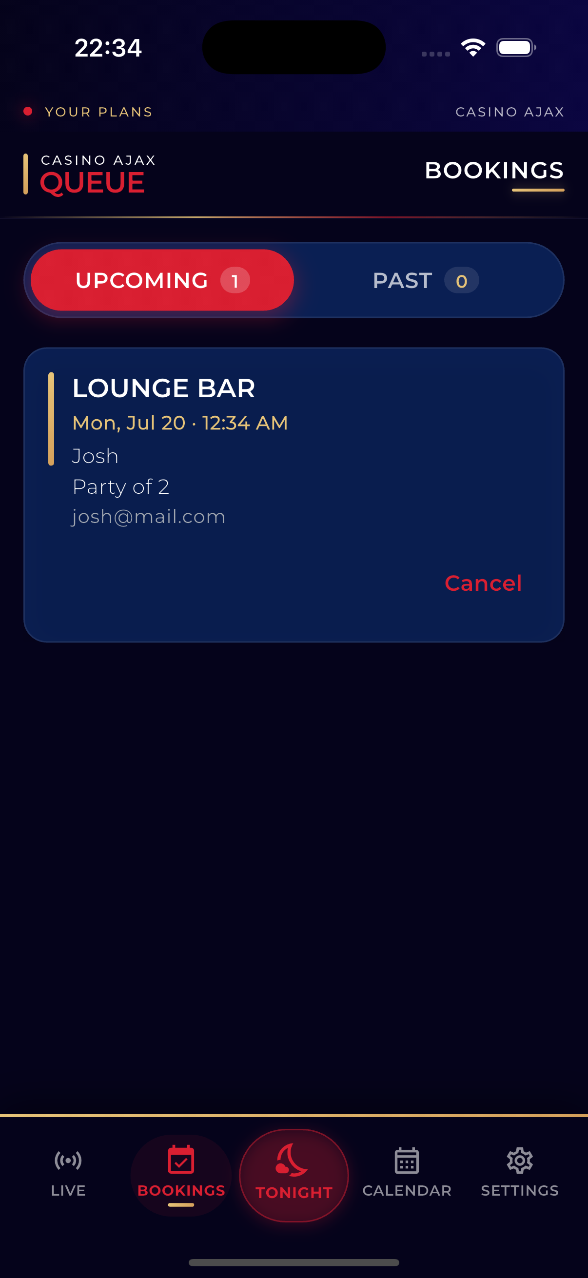 Bookings list with upcoming reservation