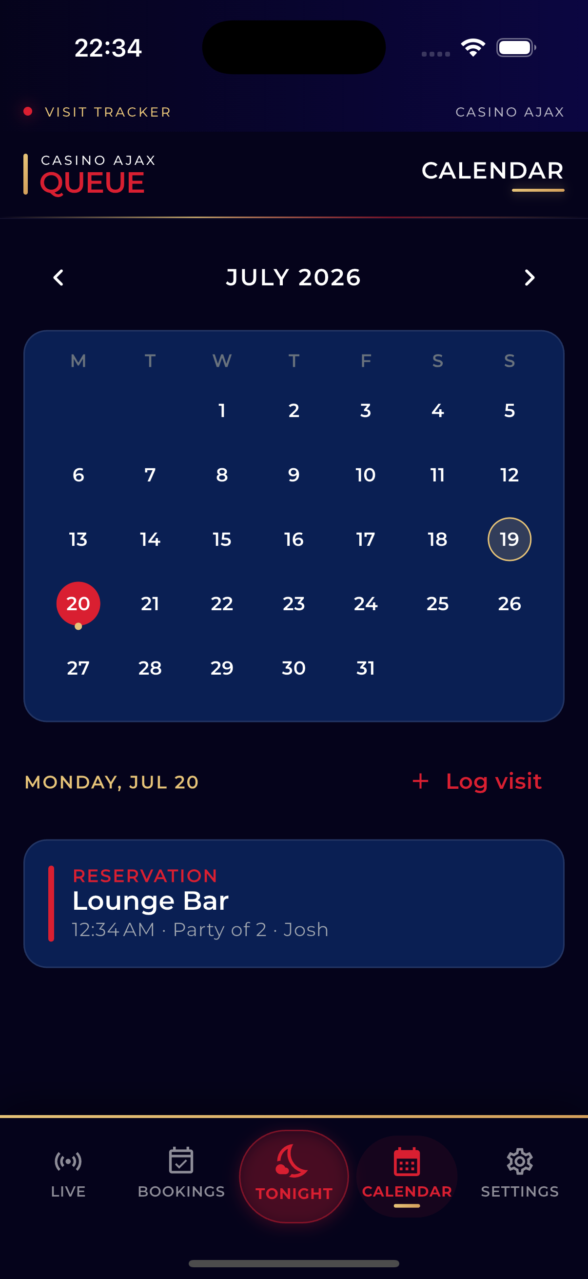 Calendar with visit tracker and day schedule