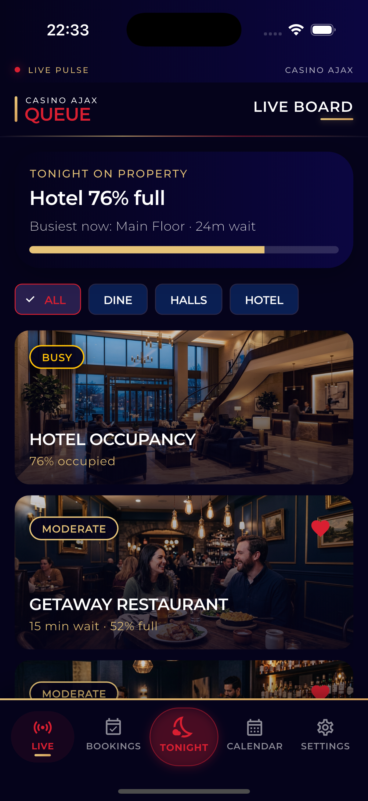 Live Board showing property occupancy and venue waits
