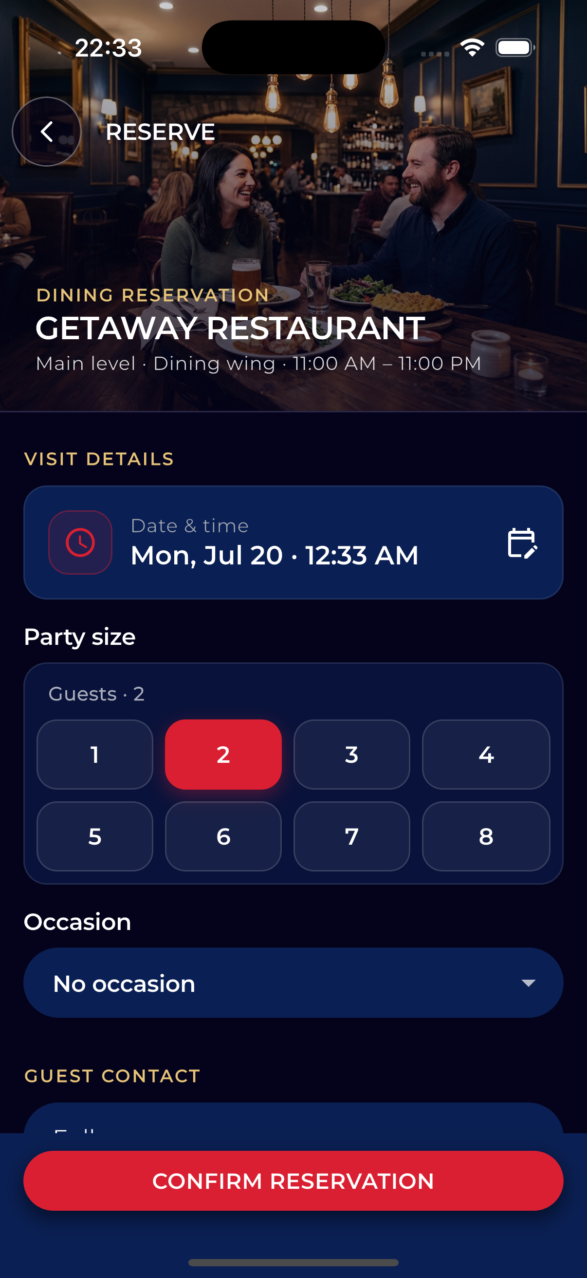 Reservation form for Getaway Restaurant