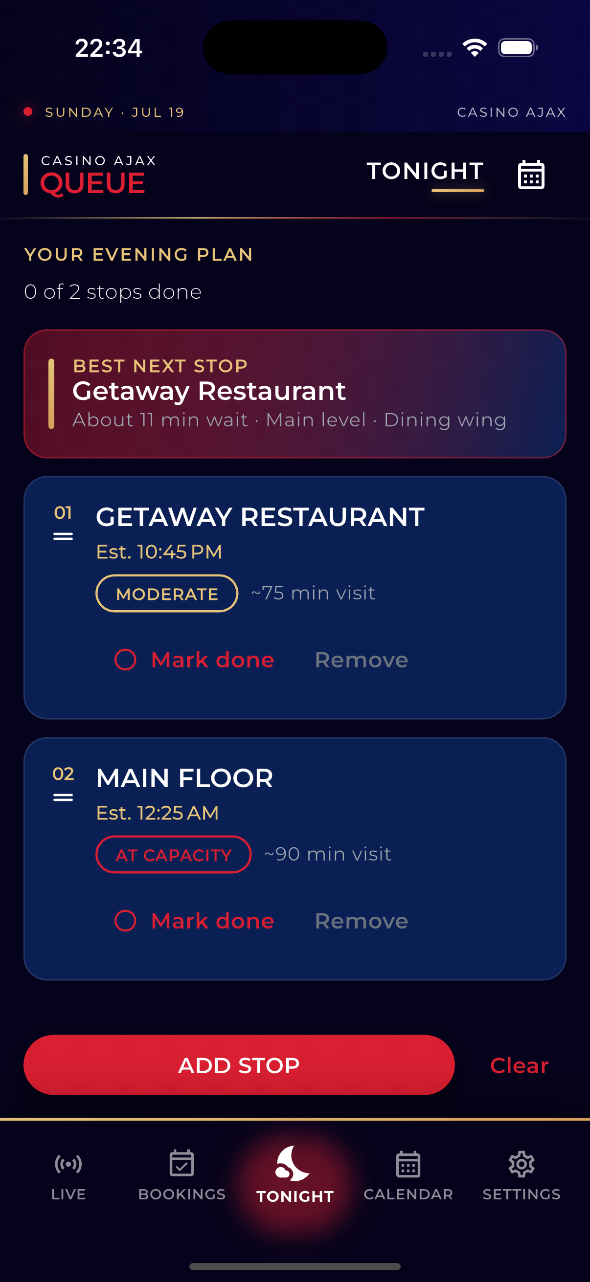Tonight planner with evening stops and best next stop